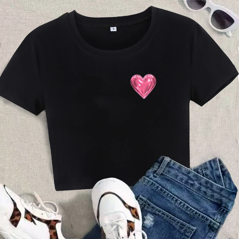 Shiny Pink Heart Print Cropped Tops Y2k T-Shirt Women Contrast Patchwork Short Sleeve O Neck Baby Tees Sexy Kawaii Cute Clothes image 3