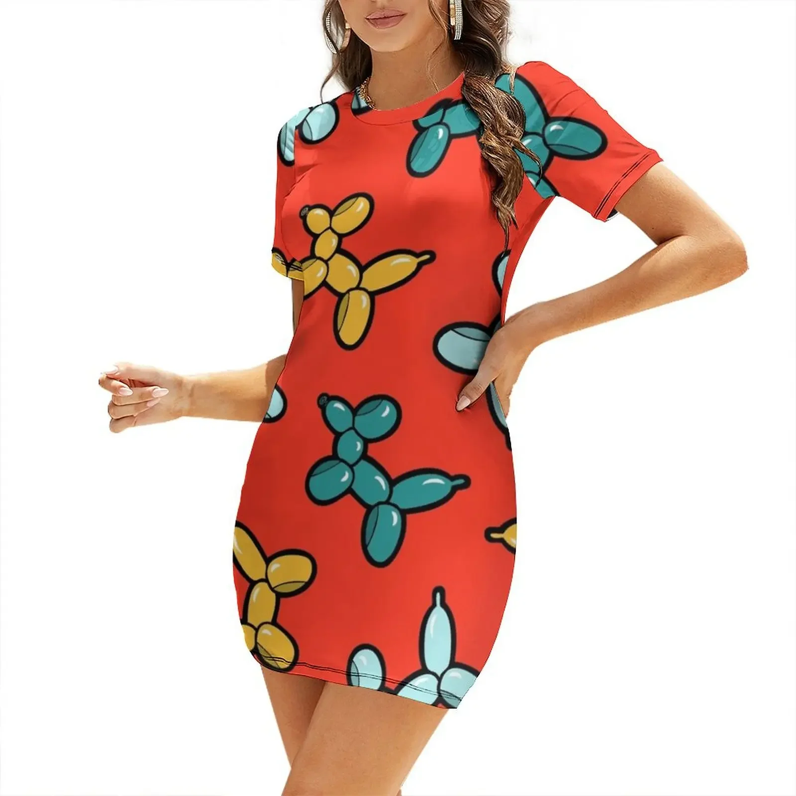 

Balloon Animal Dogs Pattern in Red Short-Sleeved Dress dress for women 2026 sensual sexy dress for women