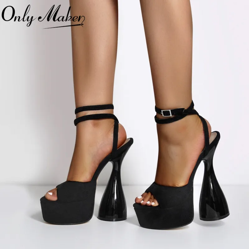 Onlymaker Women Peep Toe Sandals Black Flock Platform Ankle Strap High Heel Shoes Female Big Size Party Dress Sexy Sandals