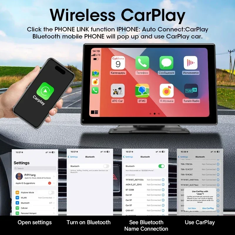 9 Inch Wireless Carplay Android Auto Dashboard Universal Portable Smart Player Monitor Voice Control Touch Screen Apple Aiplay