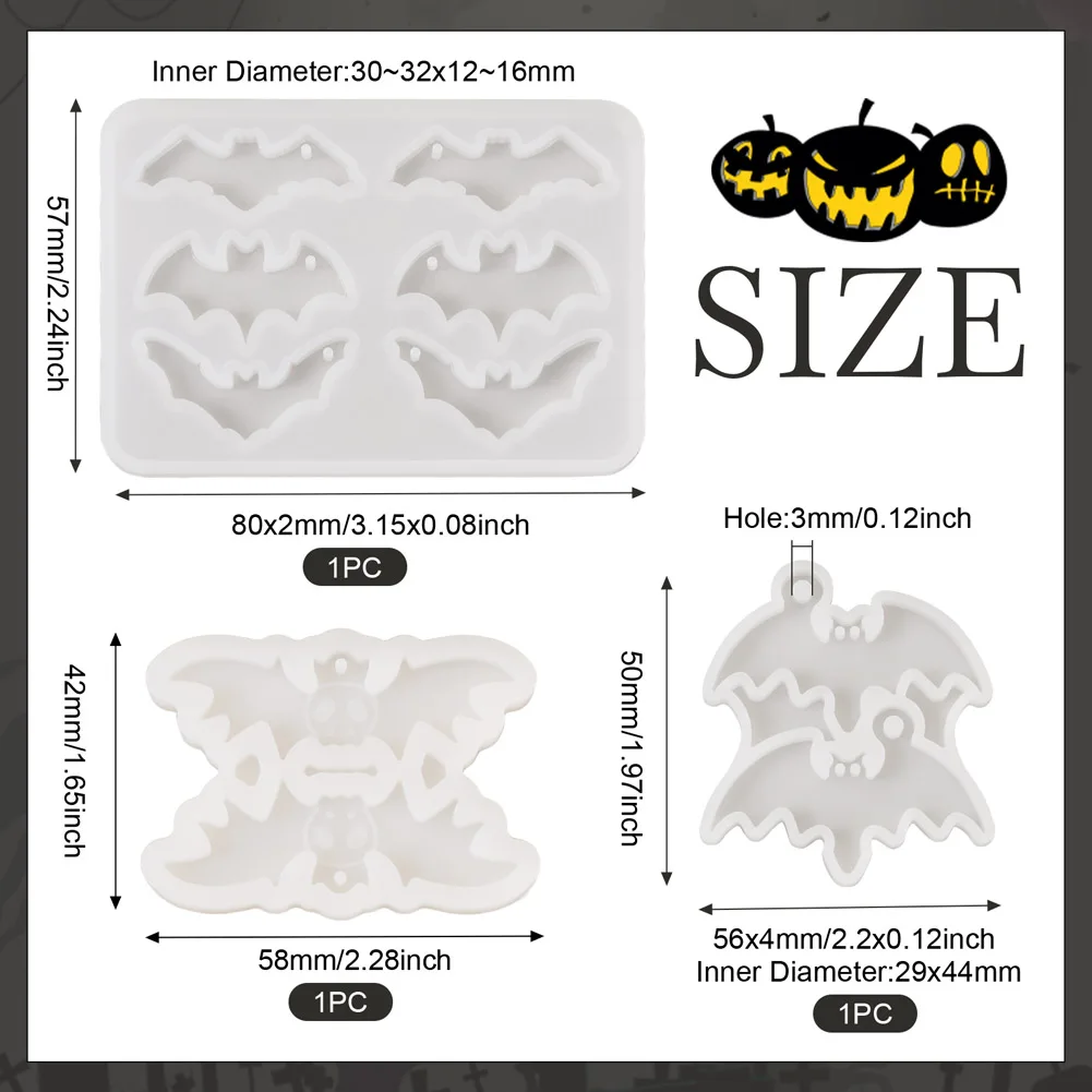 3Pcs Halloween Bat Pendants Silicone Molds Resin Casting Molds for Epoxy Resin Necklace Earrings Keychain Jewelry Making Gifts