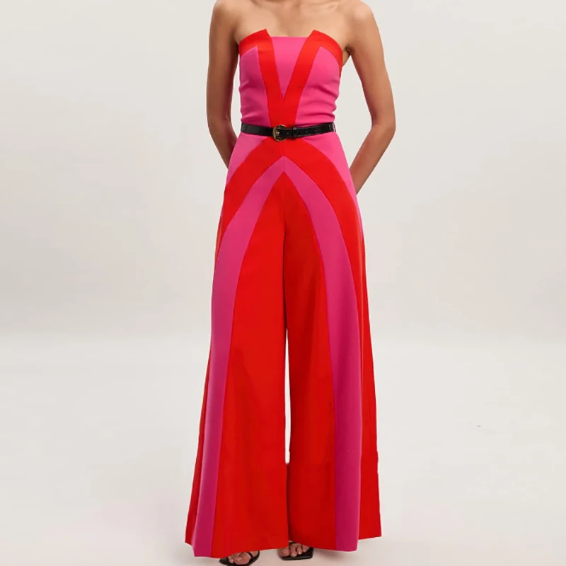 

Fashion Color Blocking Party Romper New Summer Off Shoulder High Waist Jumpsuit 2026 Casual Backless Hollow Long Pants Playsuit