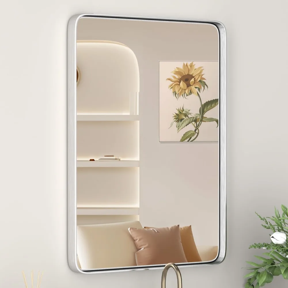 

Зеркало для ванной комнаты из матового никеля размером 18x30 дюймов, серебряный металлический каркас, закаленное стекло, антикоррозийное, висит горизонтально или вертикально