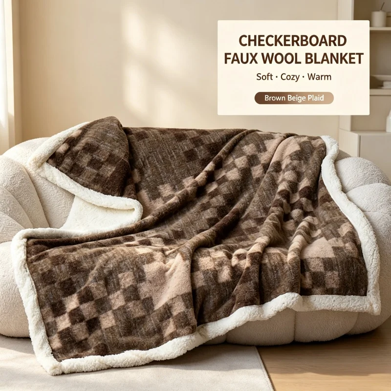 Lamb Wool Plaid Blanket Sherpa Lining Artificial Wool Blanket, Warm and Soft Winter Decorative Travel Blanket for Sofa Beds