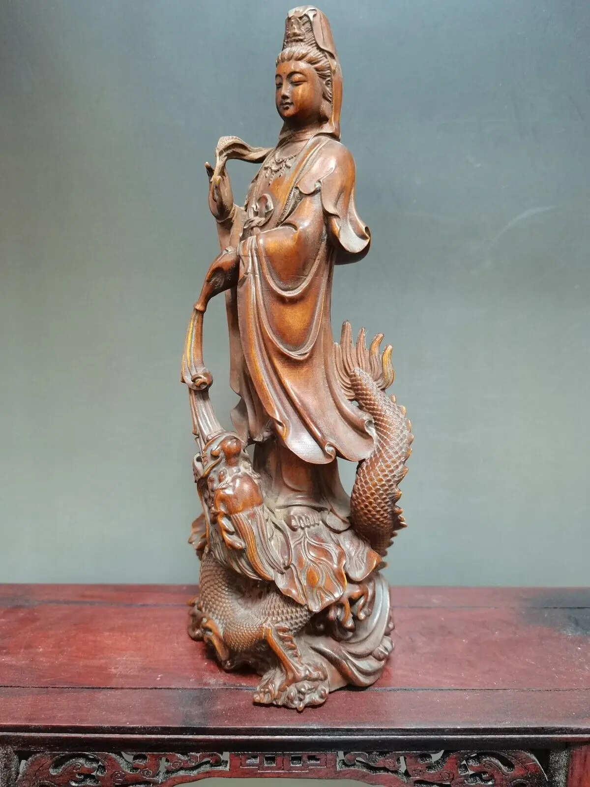 Chinese Antique Boxwood Carved Dragon Kwan Yin Statue Home Decor Sculpture Art