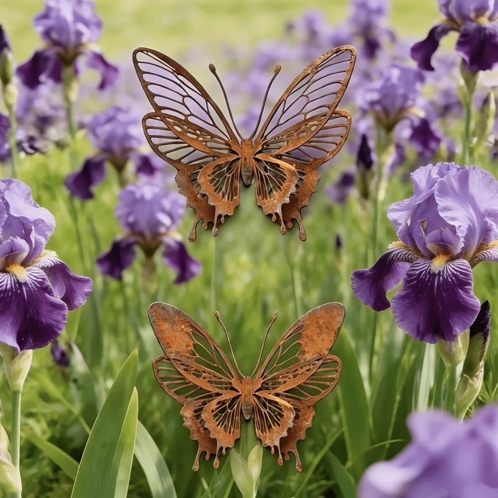 1/3PCS Metal Structure Butterfly Garden Sculpture Distressed Style Hollow Double Layer Rusty Butterfly Wall Hanging Rust-Colored