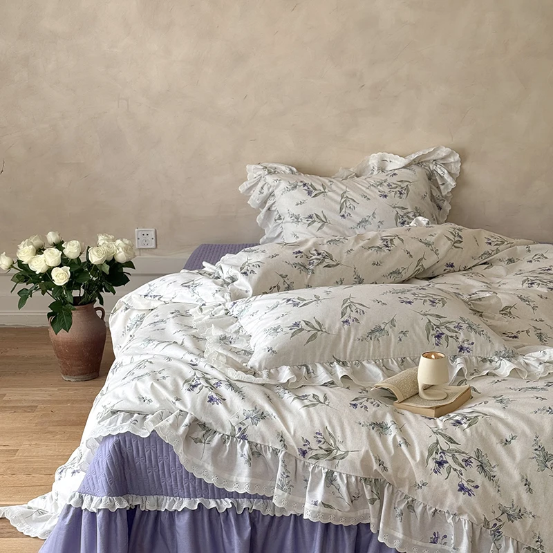 100% Cotton Elegant Flowers Print Lace Ruffles Princess Bedding Set Duvet Cover Quilted Bedspread Bed Skirt Pillowcases 4Pcs