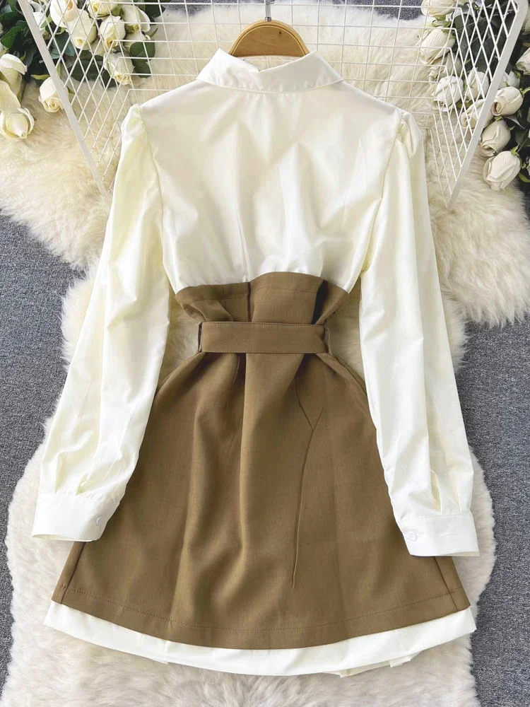 Spring Autumn Niche Design Contrast Color Long-sleeved Dress Women\'s French Waist Shirt Dress Women Vestidos D1733