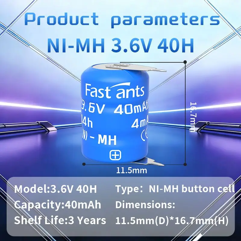 3.6V 40mAh 40H Ni-MH Rechargeable Button Battery Long Cycle Life for Timing Device, Electronic Toy and Compact Electronics