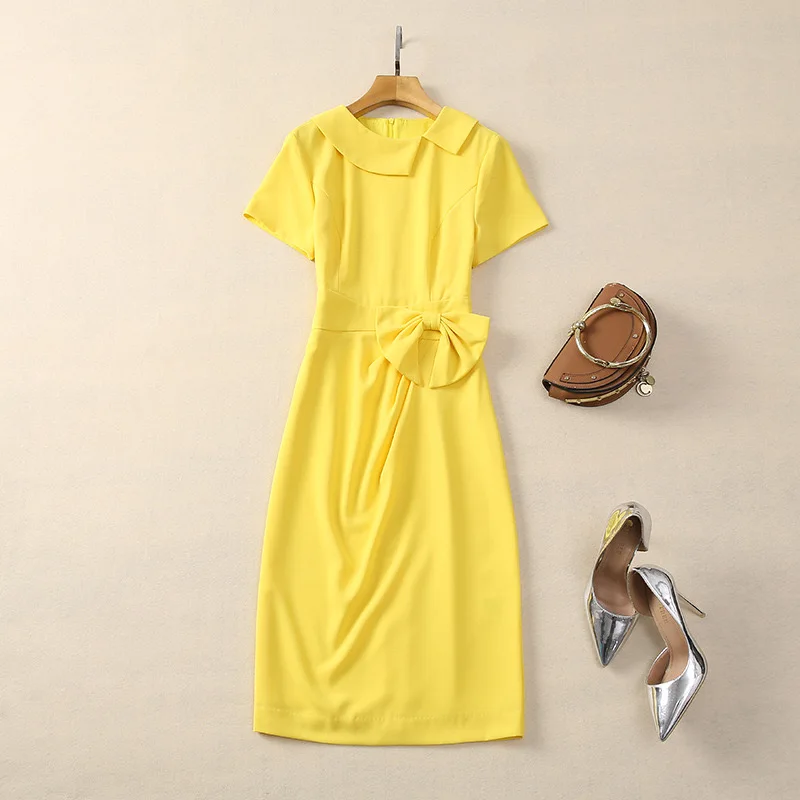 Designer Workplace Runway Sexy Female Spring Summer High Quality Fashion Yellow Girls Sexy Bow Slim Fit Sweet Pencil Midi Dress