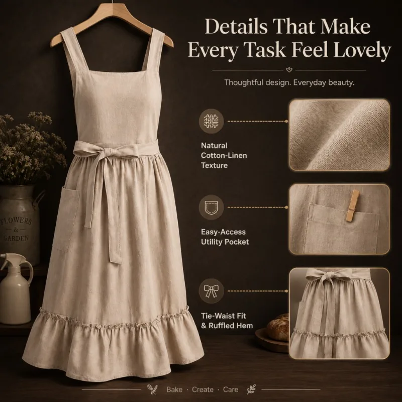 Apron Sleeveless Cotton Ruffle Hem Tie Waist Apron with Pocket Anti-stain Kitchen Baking Florist Gardening Housework Work