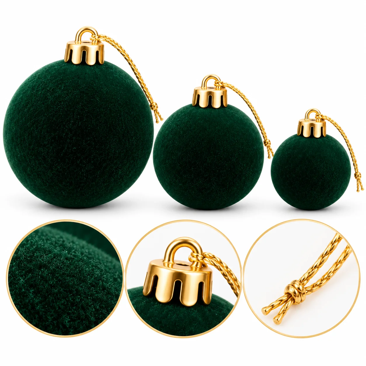 44 Pcs Evergreen Velvet Christmas Ball Ornaments 3 Sizes Gold Caps Unbreakable Xmas Tree Hanging Decor for Holiday Home Party