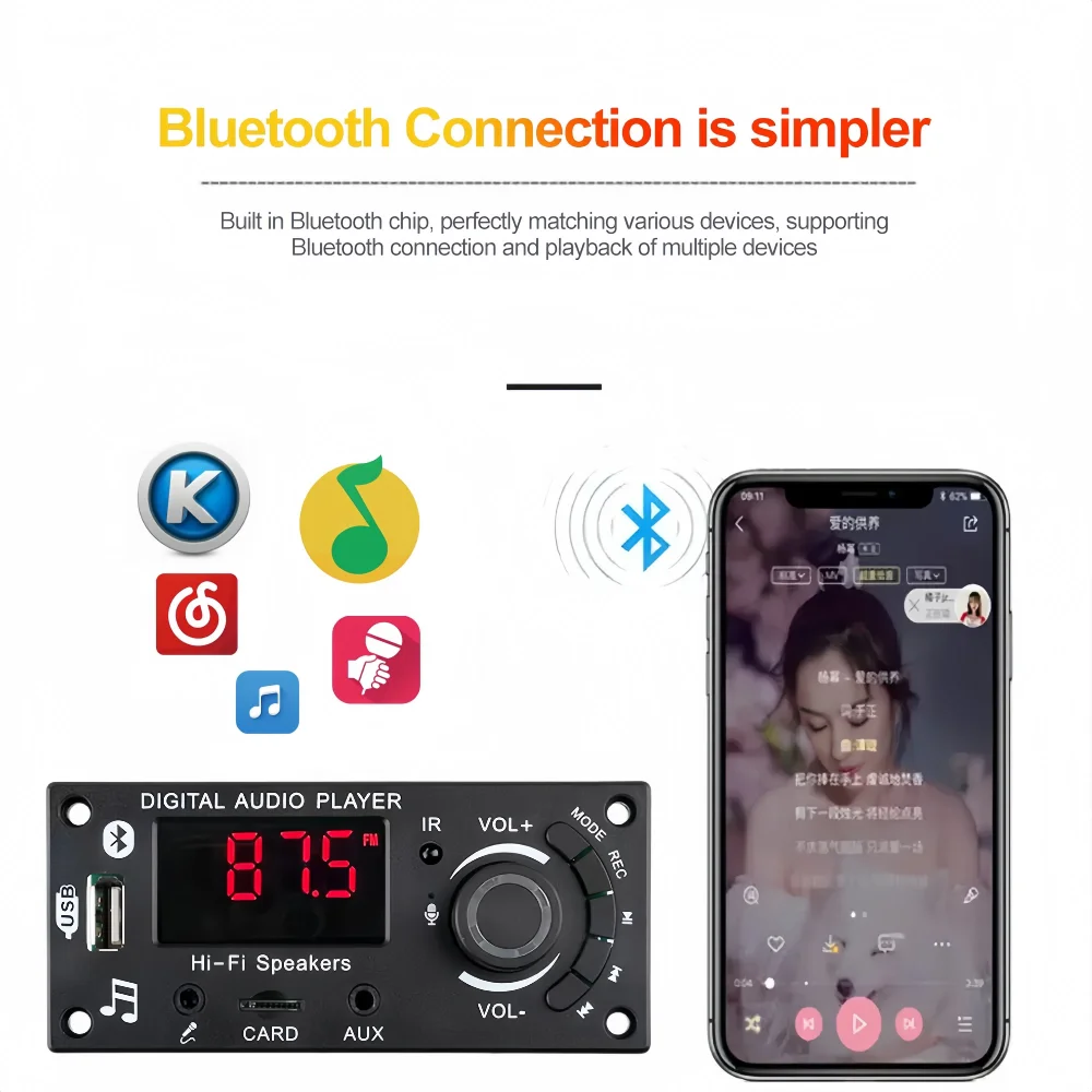 Bluetooth 5.0 MP3 Decoder Board 2*50W 100W Amplifier Audio Player 12V DIY MP3 Player Car FM Radio Module TF USB Mic Record Call