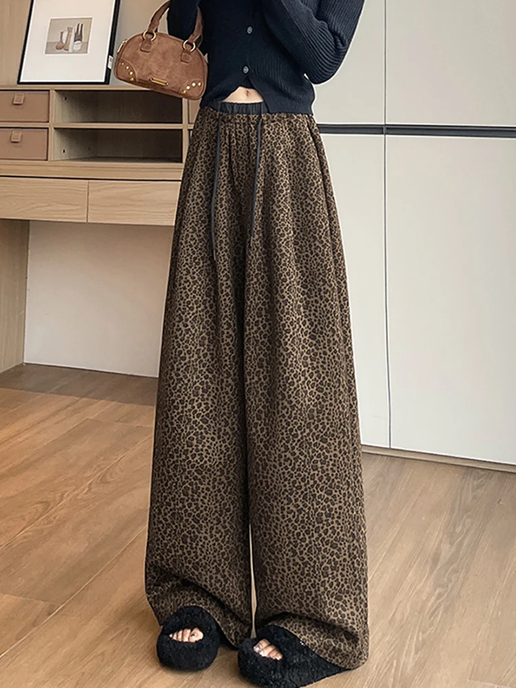 بنطلون نسائي واسع الساق بخصر مرتفع وطبعة الفهد من الجلد المدبوغ، فضفاض مع حزام مطاطي، جديد للخريف والشتاء، يساعد على تنحيف الجسم