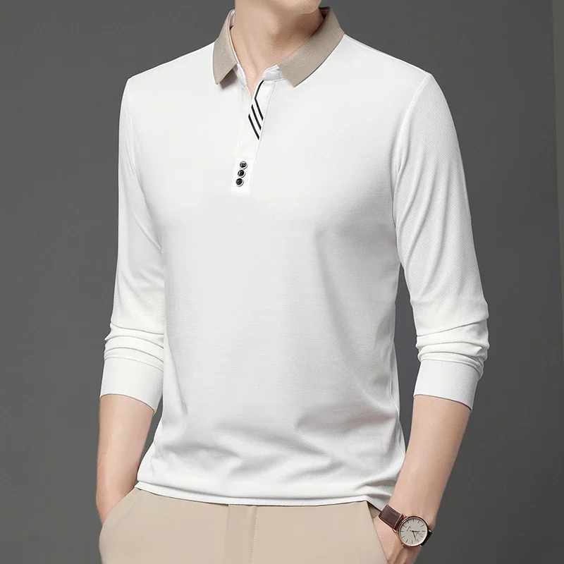 New Men's Business Casual Long Sleeved Shirt Solid Color Polo Shirt Fashionable Breathable Comfortable Versatile Top image 6