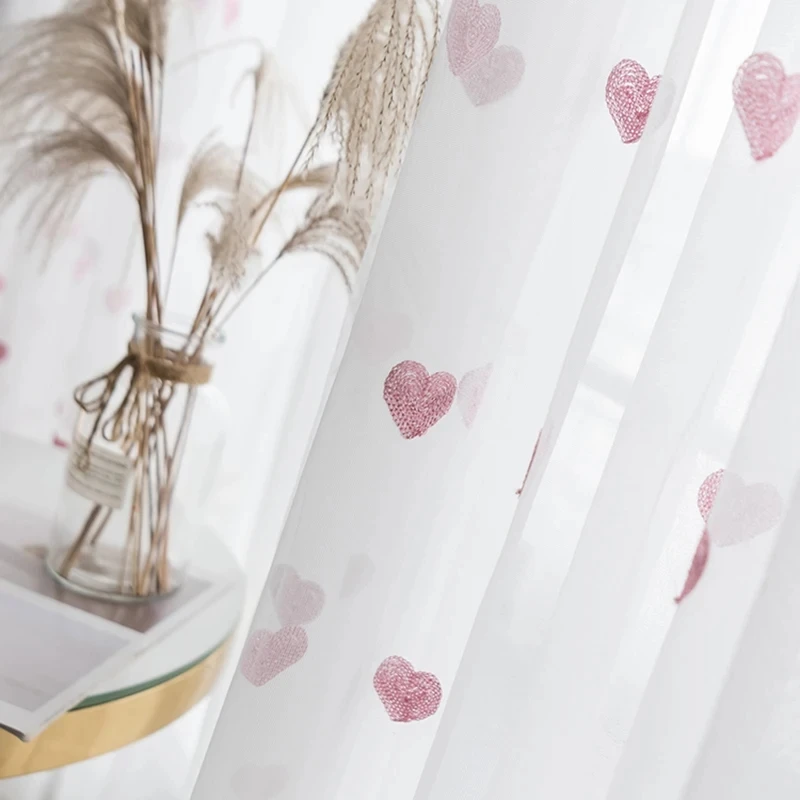 Korean Girly Pink Love Heart Embroidered Tulle Curtain Sweet Princess Style White Transparent Sheer Voile Curtain For Girl Room