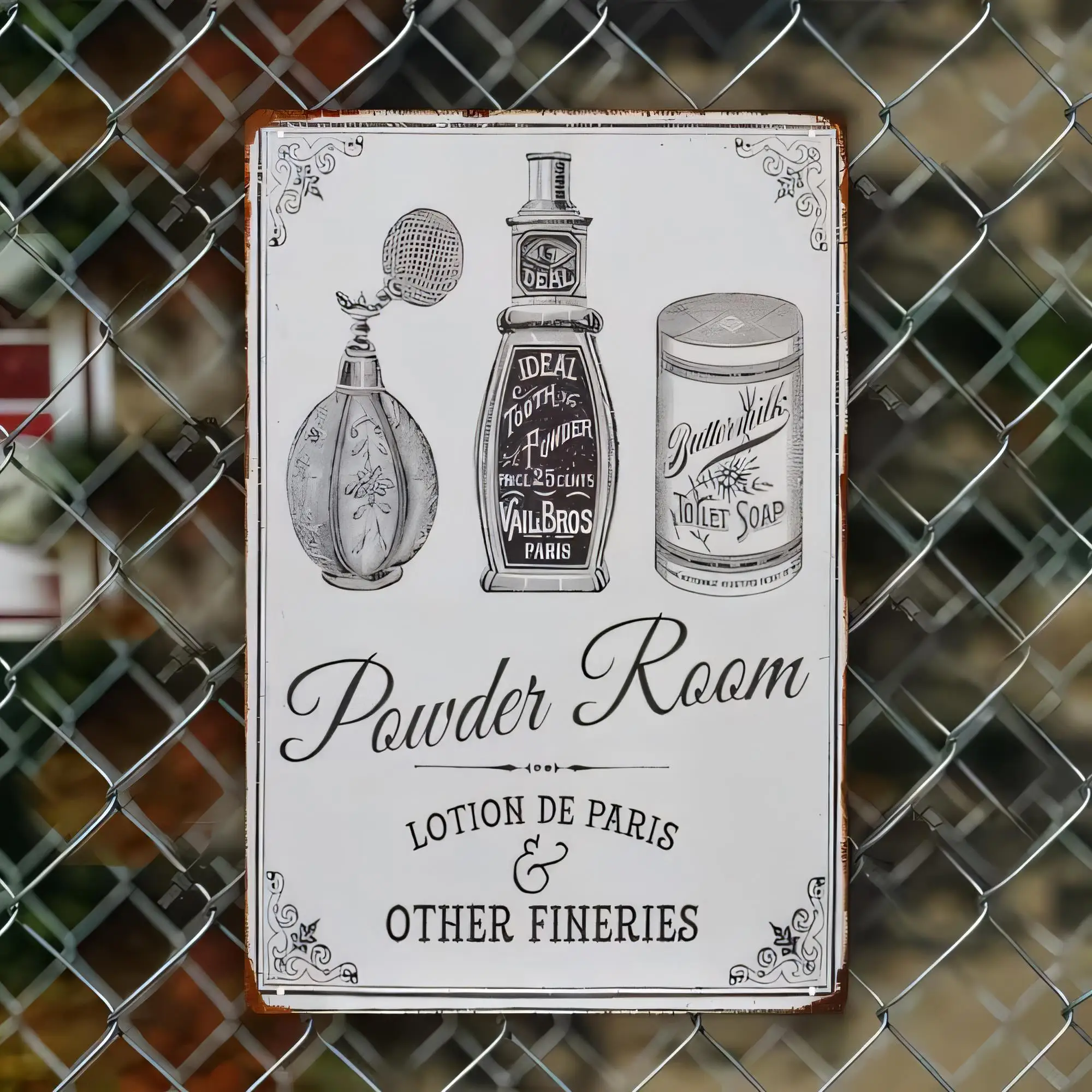 Tin Sign Powder Room Lotion de Paris Other Fineries Vintage Bathroom Wall Decor, Retro Powder Room Sign for Home Bar Pub Hotel,