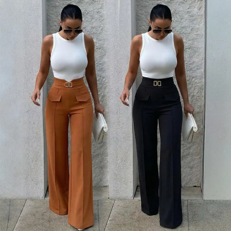 

Новые широкие брюки KEXU с металлической пряжкой для женщин, прямые брюки для работы и отдыха, стройнящие брюки