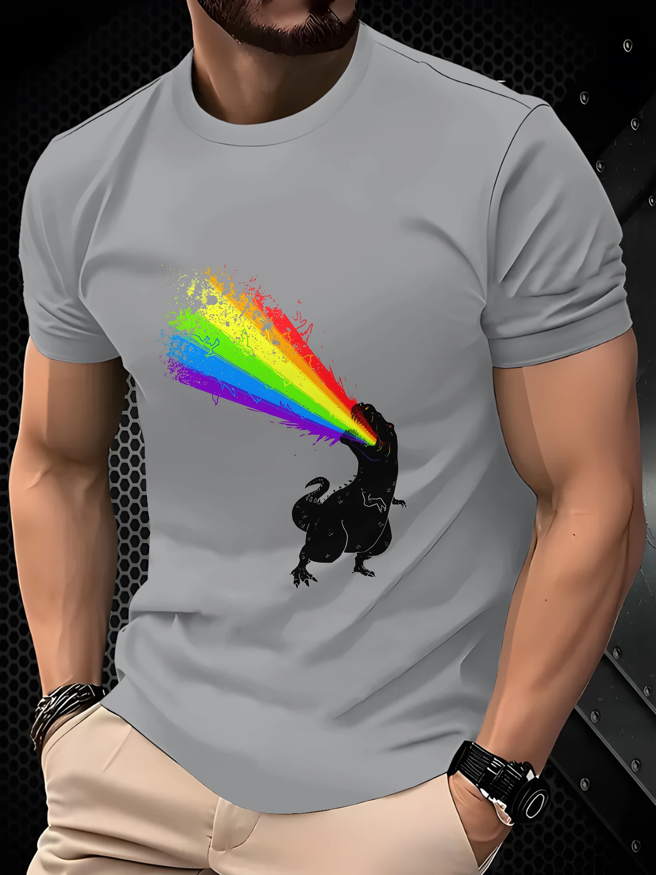 Distressed Splash Art Dinosaur Shooting Rainbow Print Men T-shirt