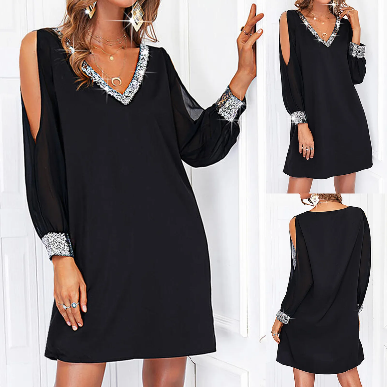 Women'S Fashion V Neck Mesh Cocktail Dress Sequins Splicing Hollow Long Sleeve Short Black Dress Elegant Evening Party Gown