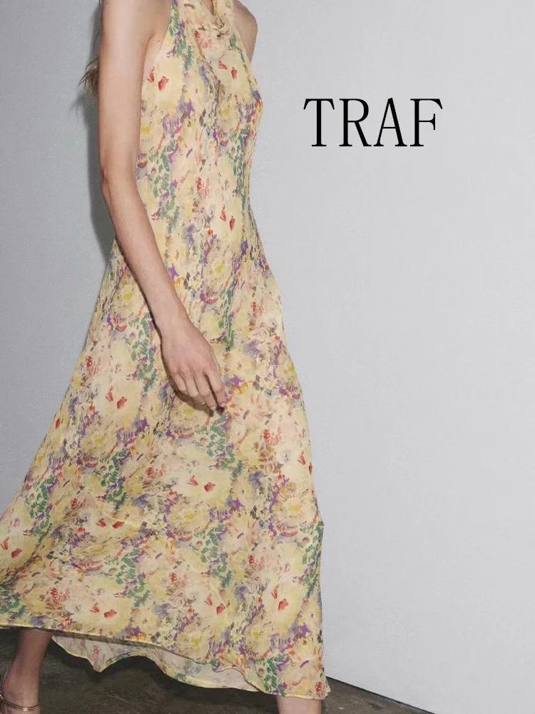TRAF European and American style summer new fashion women's clothing halter neck backless flower print dress