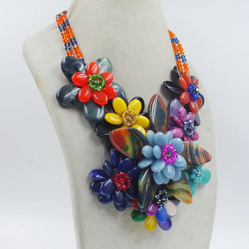 The most classic flower necklace. Semi Precious Stone/Coral/Crystal. Hand Woven Charm Women Jewelry 22”