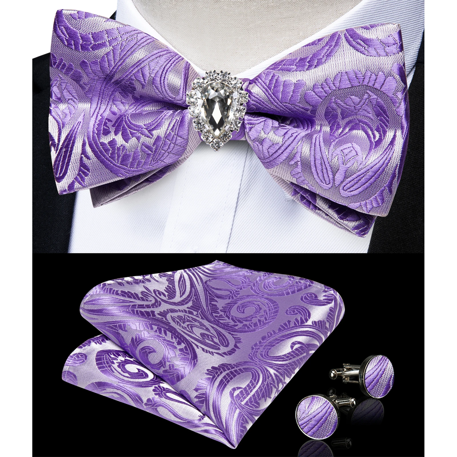 Classic Bow Tie for Men Wedding Purple Pre-tied Bowtie Cufflinks Ring Set for Party Man Accessories Silk Butterfly Knot Gift