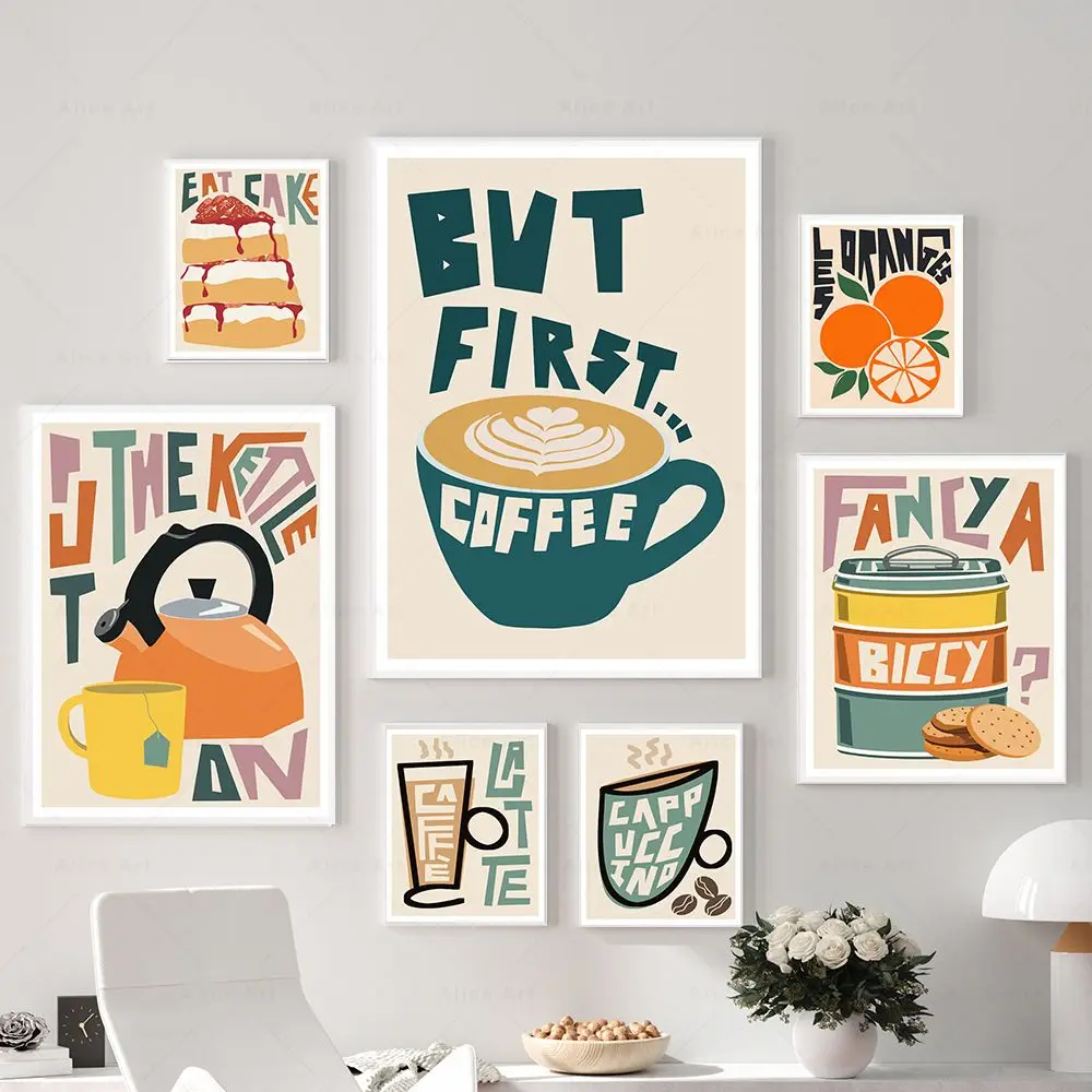 الشاي والبسكويت الفن يطبع كعكة القهوة اسبريسو كوكتيل الفواكه الرسم على لوحات القماش الجدارية المطبخ الرجعية الملصقات غرفة الطعام ديكور