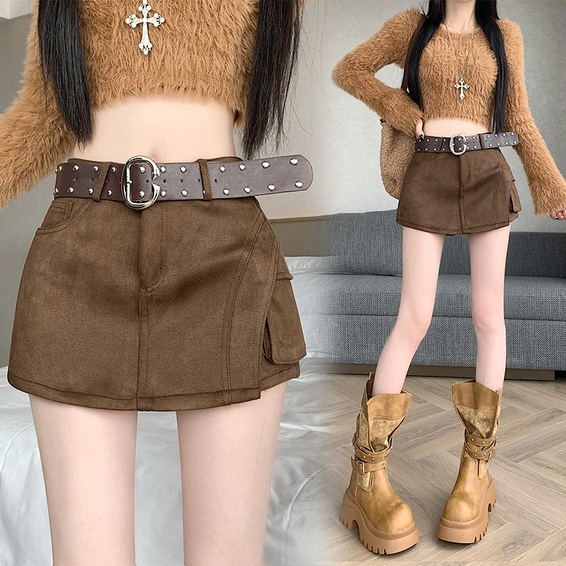 2026 New Y2K Leopard Print Mini Skort Faux Suede Cargo Skirt Rivet Belt Mid‑Rise A‑Line Anti‑Exposure Streetwear Outfit