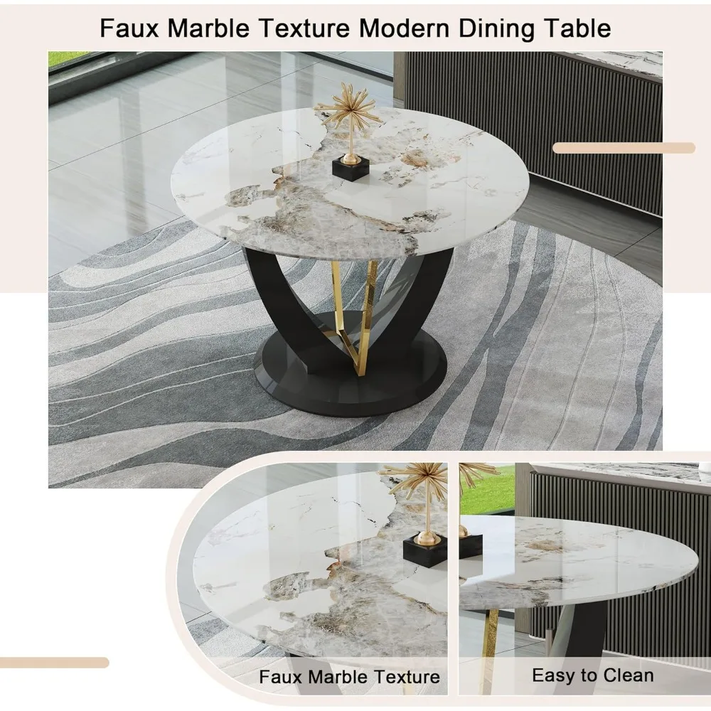 Round Dining Coffee Chair Set for 4, 48" Dining Room Table with Faux Marble Tabletop and 4 Upholstered Chairs, Coffee Chair