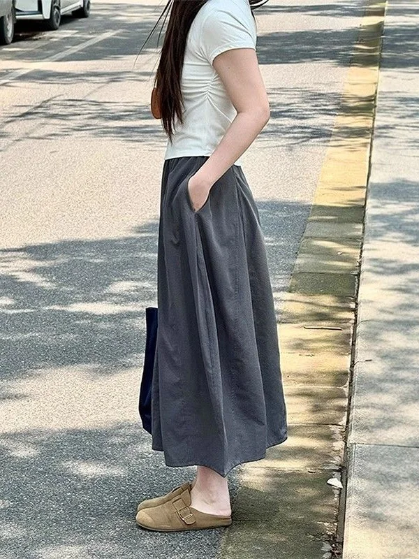 High-Waisted Quick-Dry Patchwork Pumpkin Skirt for Teen Girls Mid-Length A-Line Flower Bud Skirt