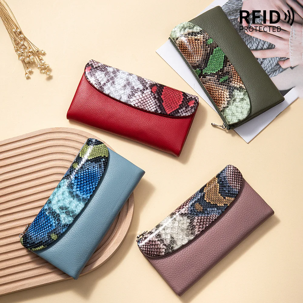 Women's Genuine Leather Tri-Fold Wallet, RFID Blocking Snake Print Large Capacity Multi-Card Slots Clutch Bag Brand Long Wallet