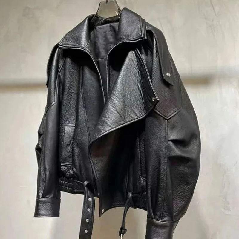 سترة نسائية كبيرة الحجم من جلد البولي يوريثان لربيع وخريف بأكمام طويلة وسحاب ملابس فاخرة بتصميم عتيق ملابس خارجية أنيقة للشارع