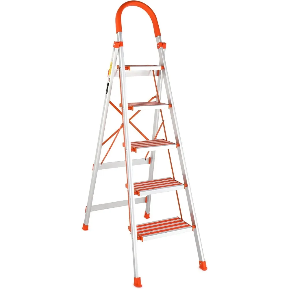 Escalera plegable de aluminio de 5 escalones con peldaños antideslizantes y escalones anchos para una comodidad