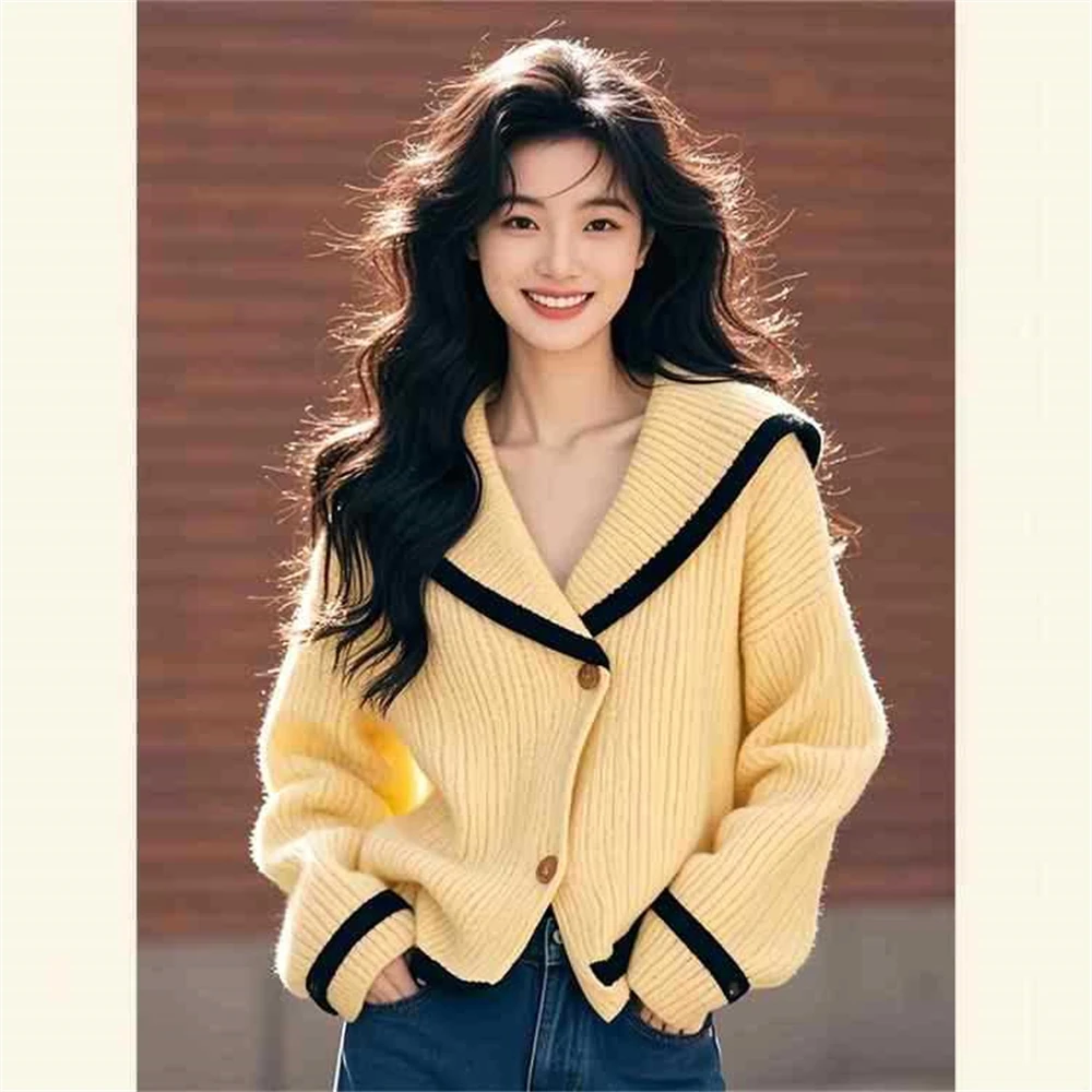 Yellow Navy Collar Cardigan Coat Autumn Winter Knitted Fashion Chic Lapel Sweater Jacket Women Temperament Elegant Tops Outwear