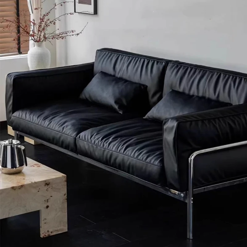 

Medieval black small apartment living room straight row retro lazy style leather three-person sofa