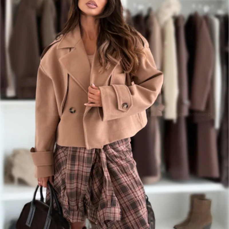 

Женское осенне-зимнее пальто, короткий тип с отложным воротником, однотонный свободный кардиган на пуговицах, OL, дорожная куртка, женская верхняя одежда