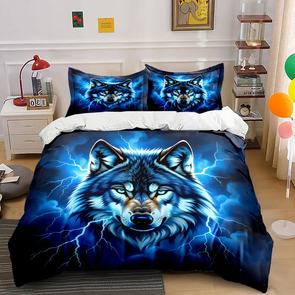 Artistic Portrait of Blue Lightning Wolf Print Bedding Set 1 Duvet Cover 2 Pillowcases for Adult and Children Luxury Gift