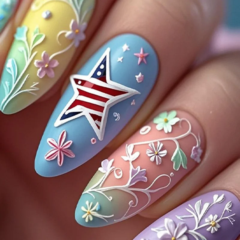 

3D накладные ногти для женщин, синие, розовые, желтые, зеленые, с рельефным цветочным и звездным дизайном, для весны и лета, полное покрытие, накладные ногти на клейкой основе.