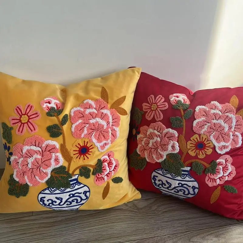 Chinese Vase Embroidery Pillows Luxury Retro Cushion Case Yellow Red Velvet Decorative Pillow Cover For Sofa Chair Home Decorate