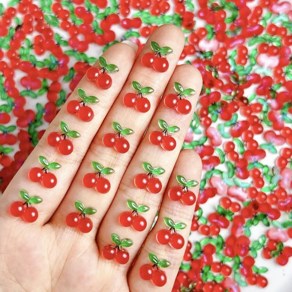 30PCS Kawaii Creative Simulated Cherry Resin Nail Charms 3D Ice Transparent Red Flat Bottomed Cherry Nail Art Decorations DIY