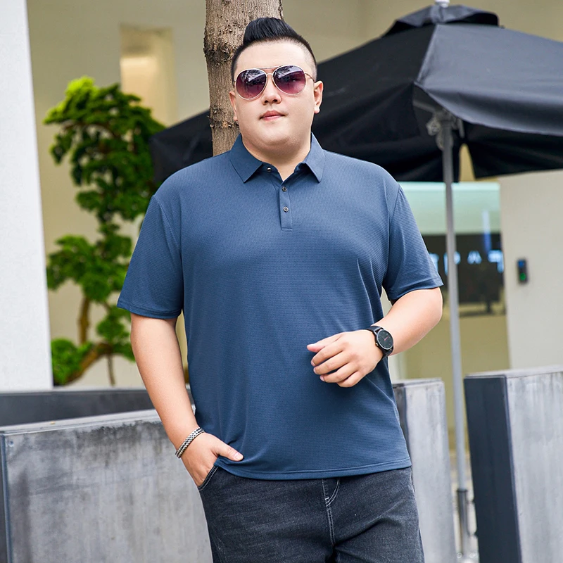 CHRLCK Plus Size Summer Men's Loose Fitting Fashion Versatile Ice Silk T-Shirt Casual Business Lapel Thin T-Shirts Polo Shirt