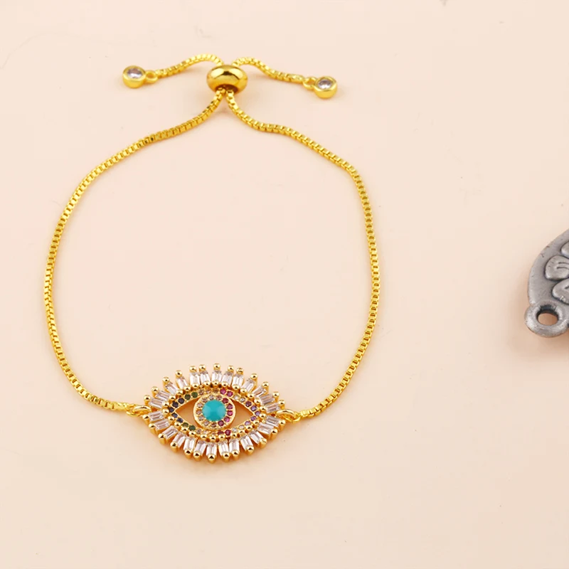 FLOLA Gold Plated Evil Eye Bracelet Women CZ Rainbow Turkish Blue Eye Bracelet Girls Tennis Evil Eye Jewelry ojo turco brtb54