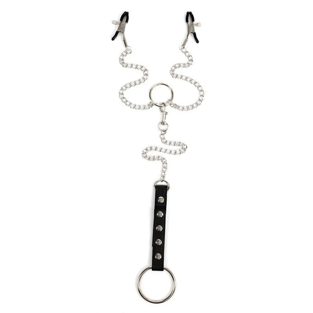 Adjustable PU Leather Harness Metal Chain Nipple Clamps Metal O Ring Breast Clips Couple Flirting Role Play Accessory Toy