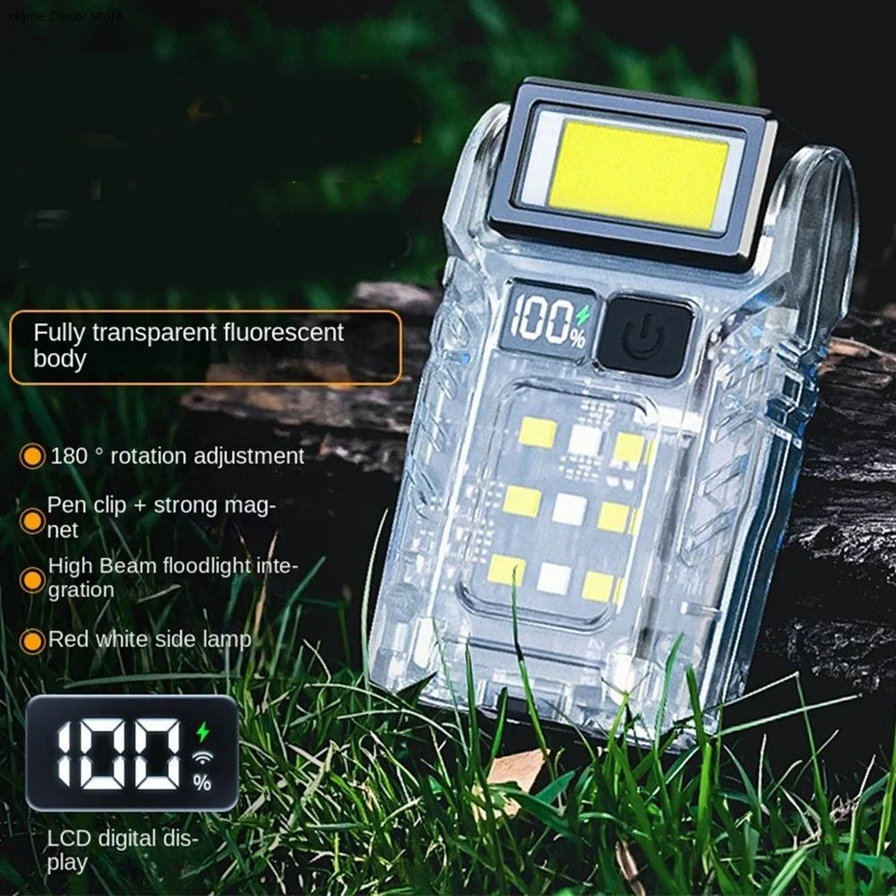 Type-C Rechargeable Fluoresce Flashlight Rotatable Head Strong Light Camping Work Light COB LED Display Portable Torch Outdoor