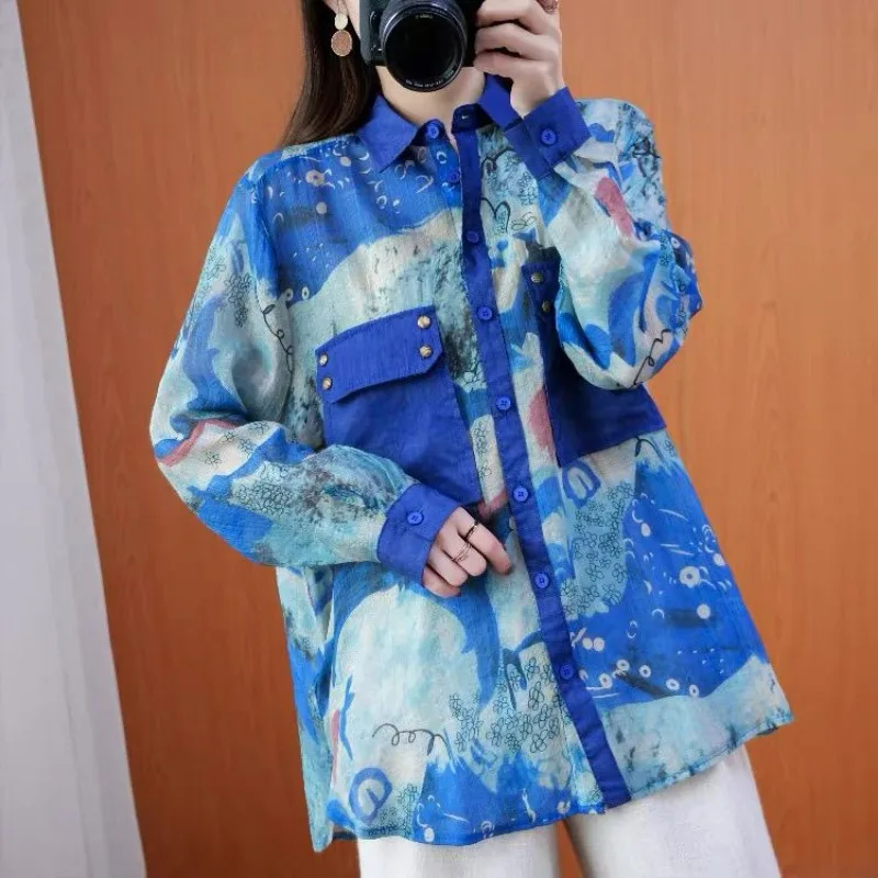 Women Trendy Vintage Print Patchwork Oversize Shirts Y2K Harajuku Streetwear Lapel Blouses Spring Autumn Long Sleeve Pocket Tops