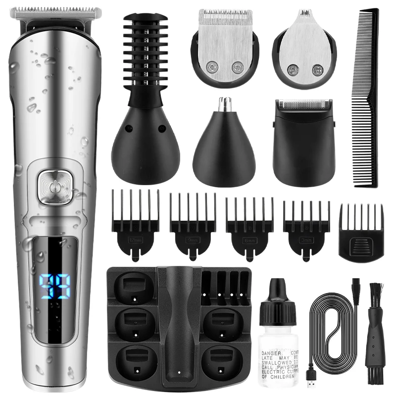 Professional 6 in 1 Waterproof Hair Clipper Multifunction Beard Hair Trimmer Electric Razor Grooming Kit Facial Nose Ear Trimmer