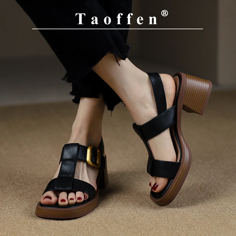 Brand Genuine Cow Leather Sandals Block Mid Heels Women Roma Sandals Open Toe Retro Buckle Sandals Ankle Strap 2023 Trend