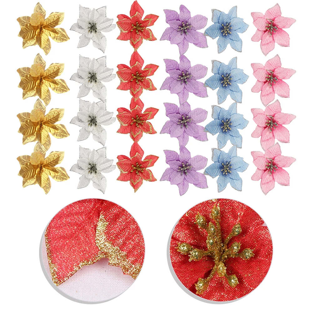 Glitter Pink Christmas Flowers Xmas Tree 13cm Artifical Flower Ornaments 2024 Christmas Decoration For Home New Year