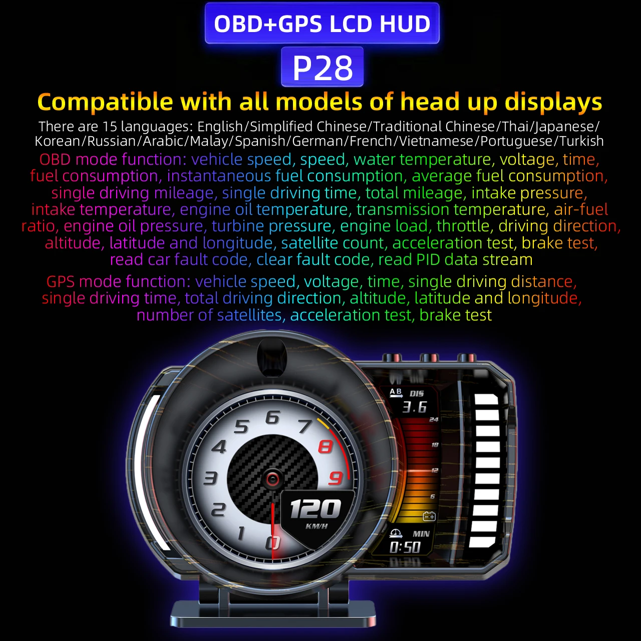 P28 OBD+GPS Head Up Display Car HUD On Board Computer Digital Meter Water Temp RPM Voltage Speedometer Gauge